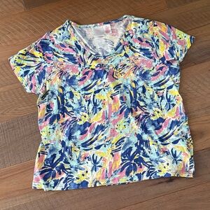 Women's L Stella Parker Abstract Pastel Printed V-Neck Tee Shirt Top Knit T64